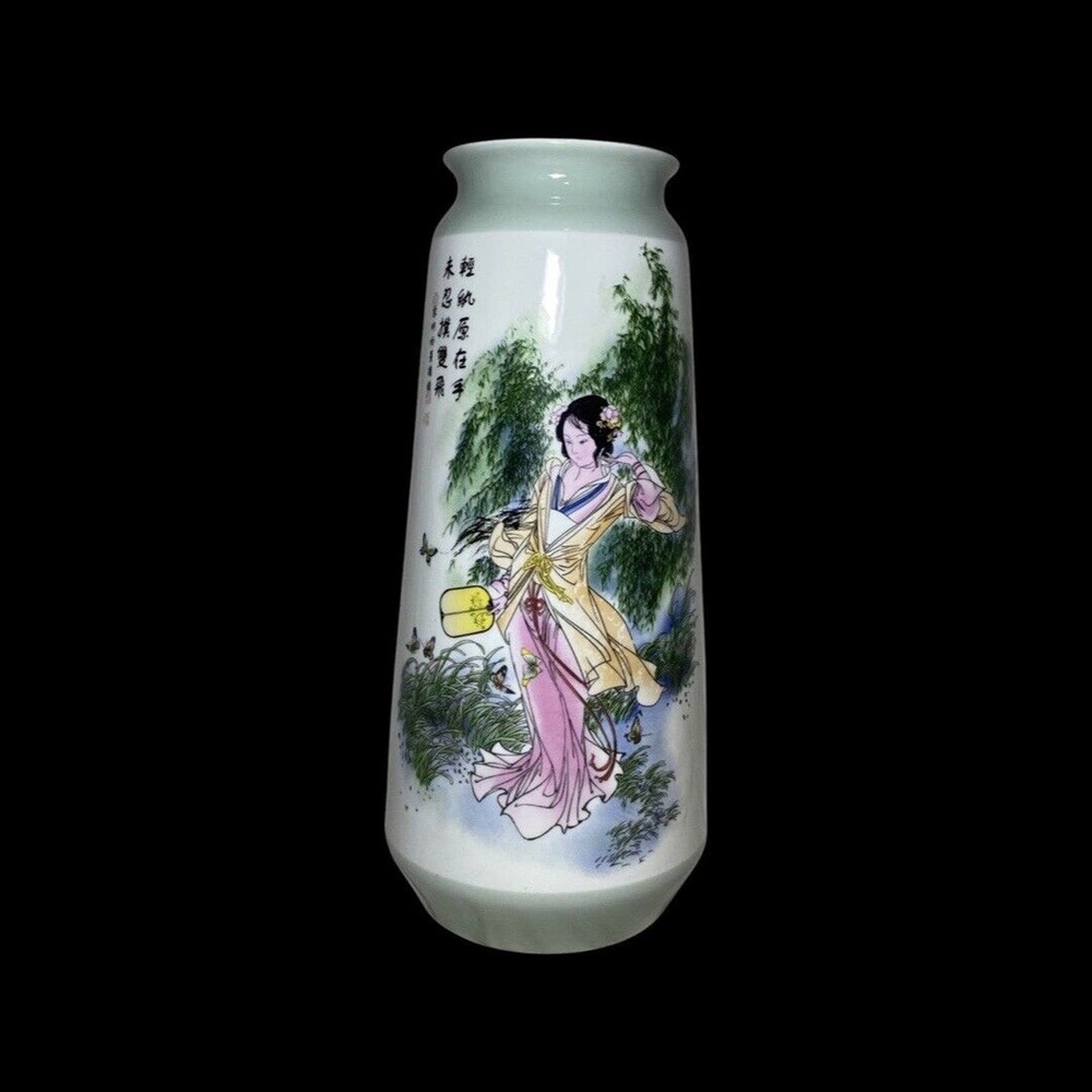 Large Vintage Chinese Poetry Table Vase Beautiful Lady Motif Approx 17” tall.